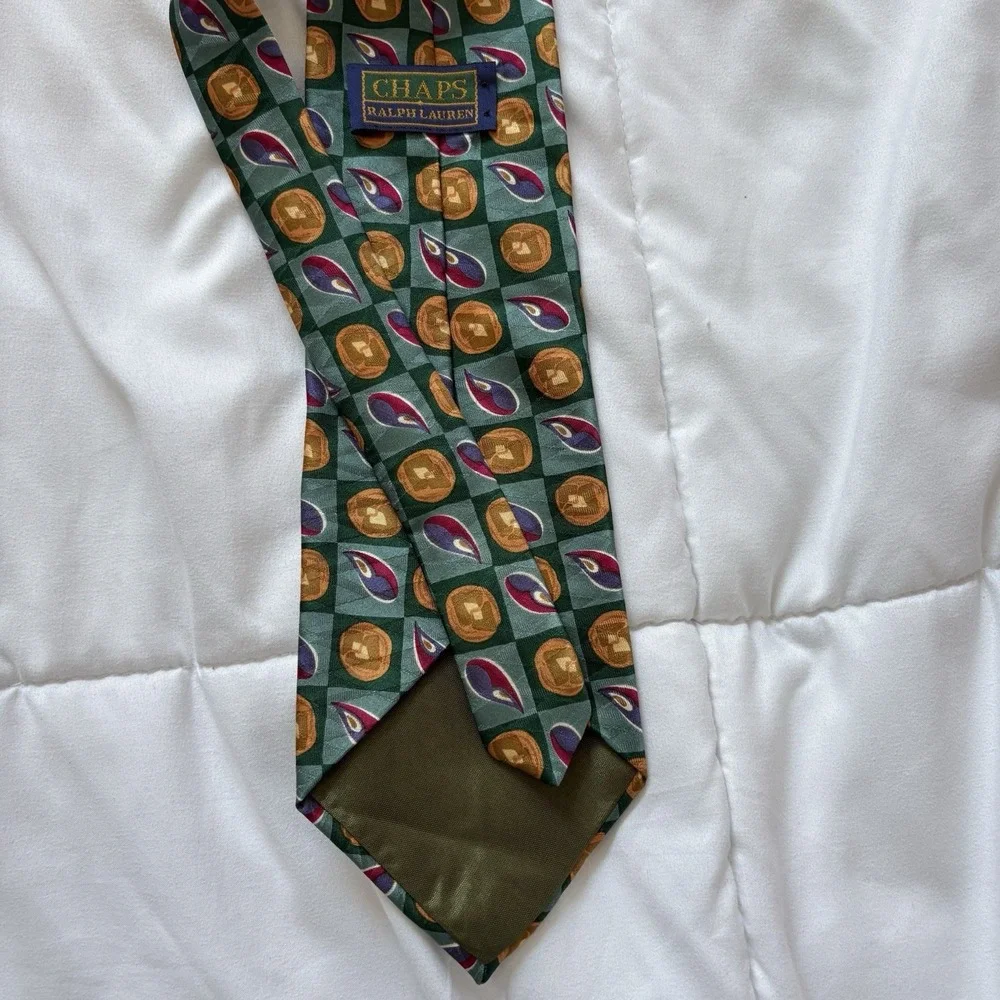 Vintage Chaps Ralph Lauren Mens 100%‎ Silk Tie Necktie Designer Luxury Green 90s